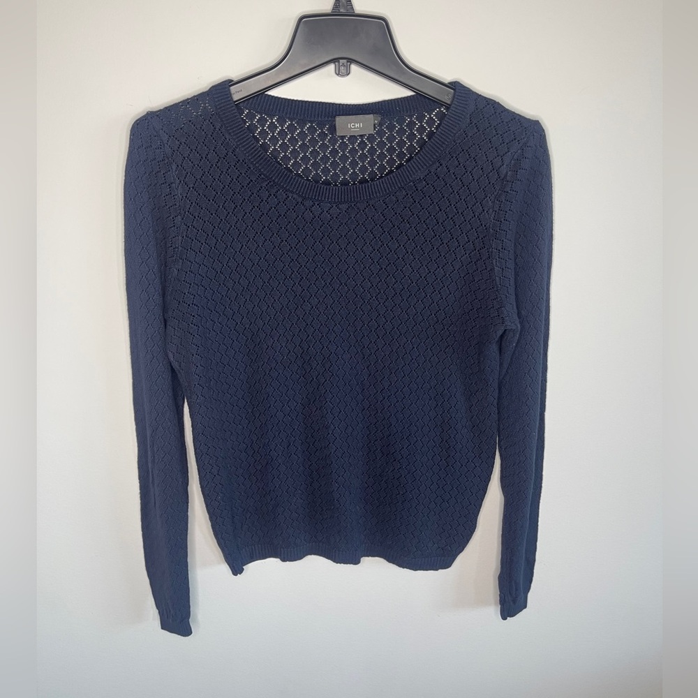 ICHI Ally LS Navy Blue Pointelle Knit Sweater - Size Medium - Picture 5 of 10